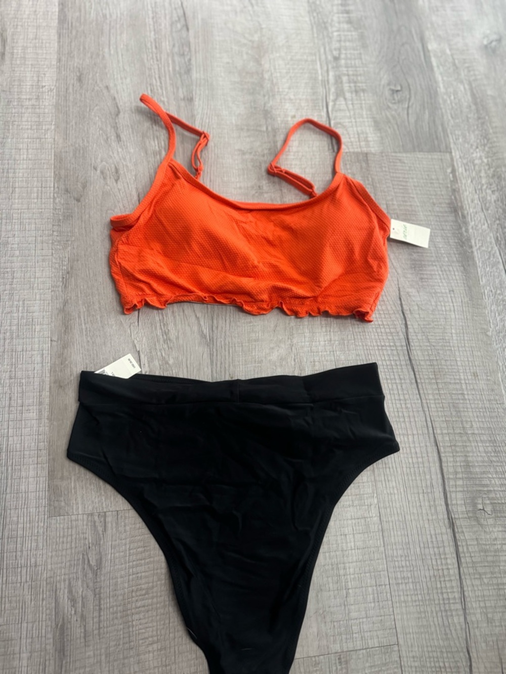 aerie Orange Ruffle Bikini Top with Black High-Waist Bottom
